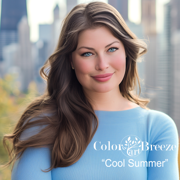 Cool Summer woman wearing baby blue top.