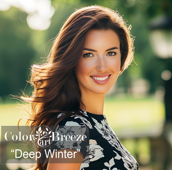 Deep Winter in a black and white floral dress. 