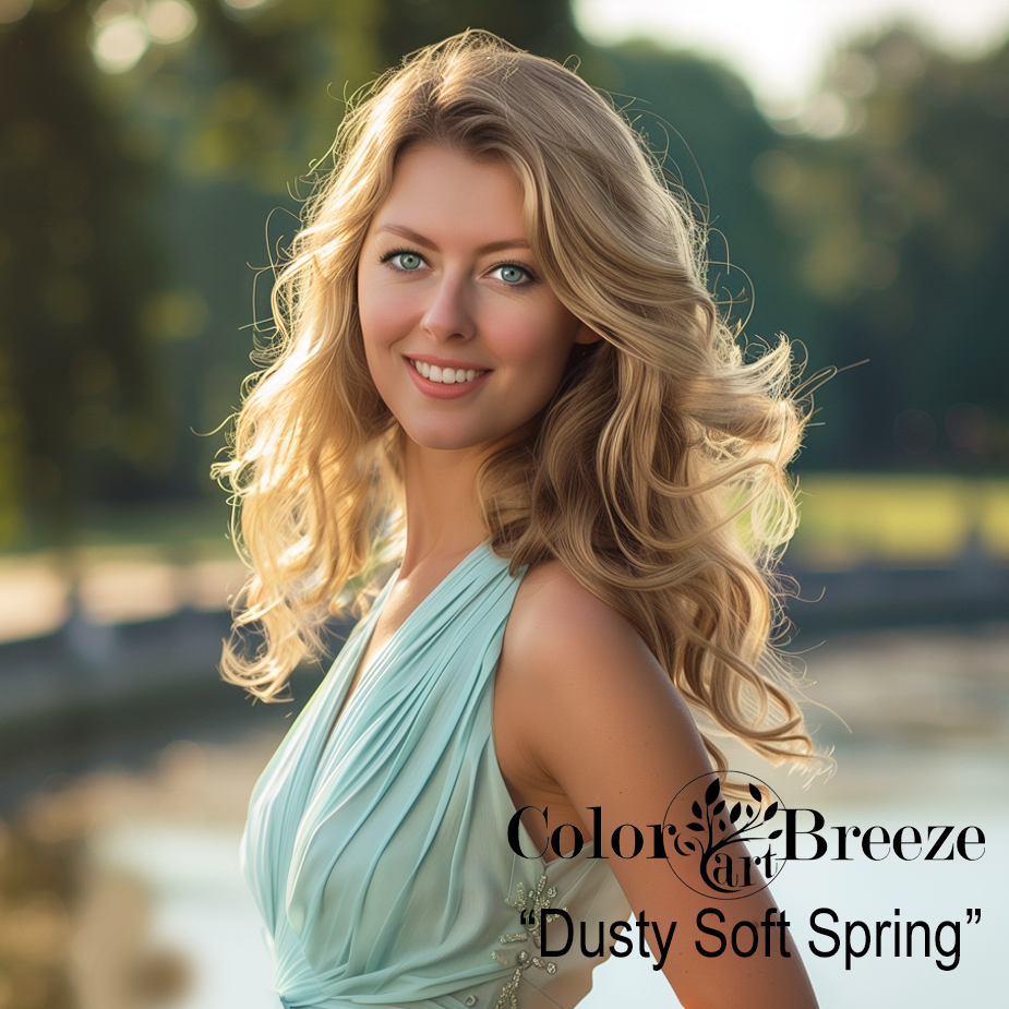 Dusty Soft Spring blonde woman wearing an aqua blouse.