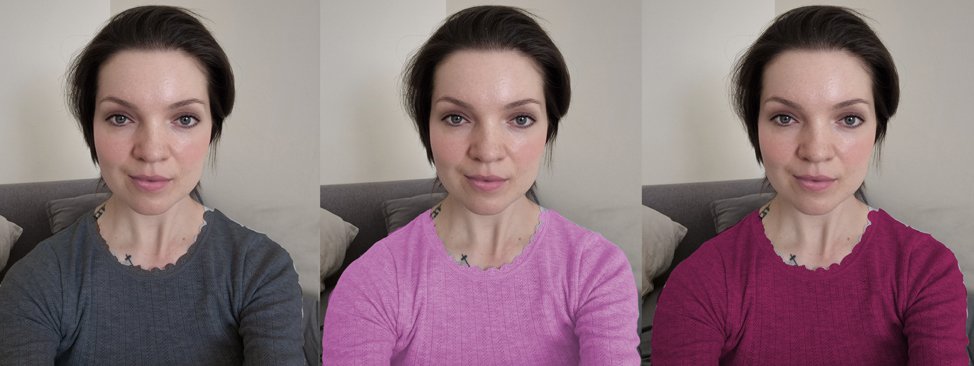 Cool Summer woman with test colors of charcoal, pink, and fuchsia. 