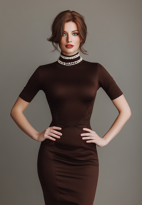 Autumn wearing little brown dress.