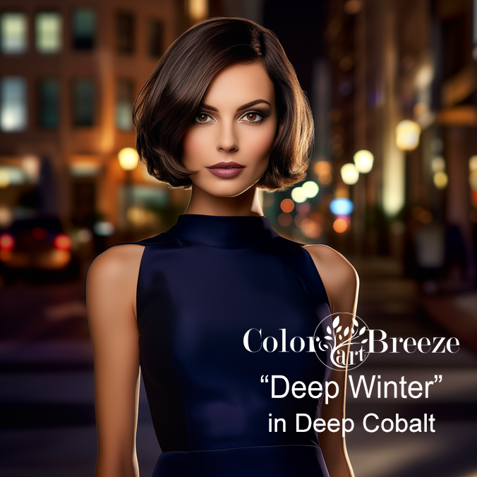 Deep Winter woman wearing deep cobalt blue dress.
