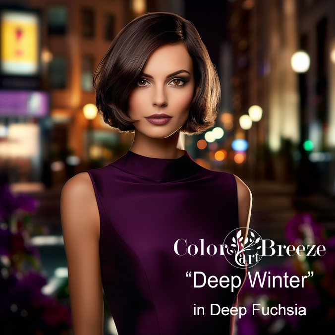 Deep Winter woman wearing deep fuchsia dress.