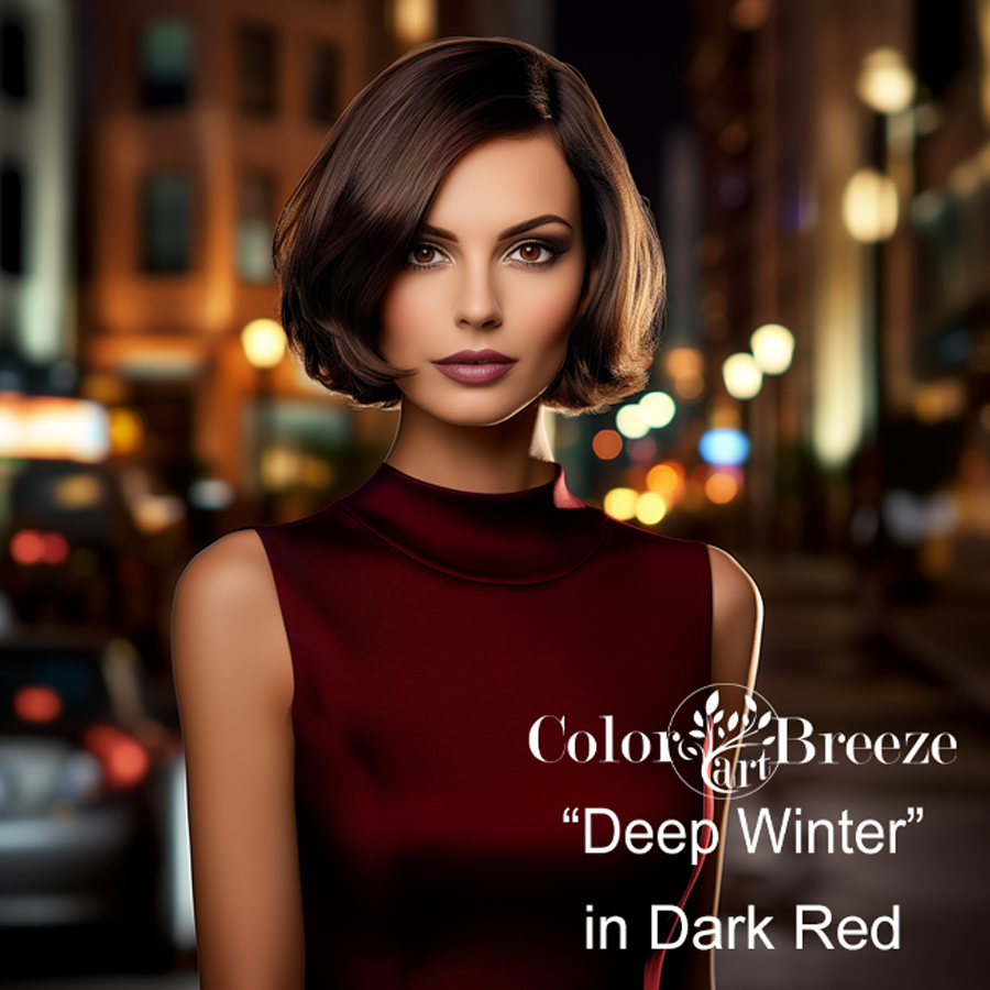 Deep Winter woman wearing dress in dark red.