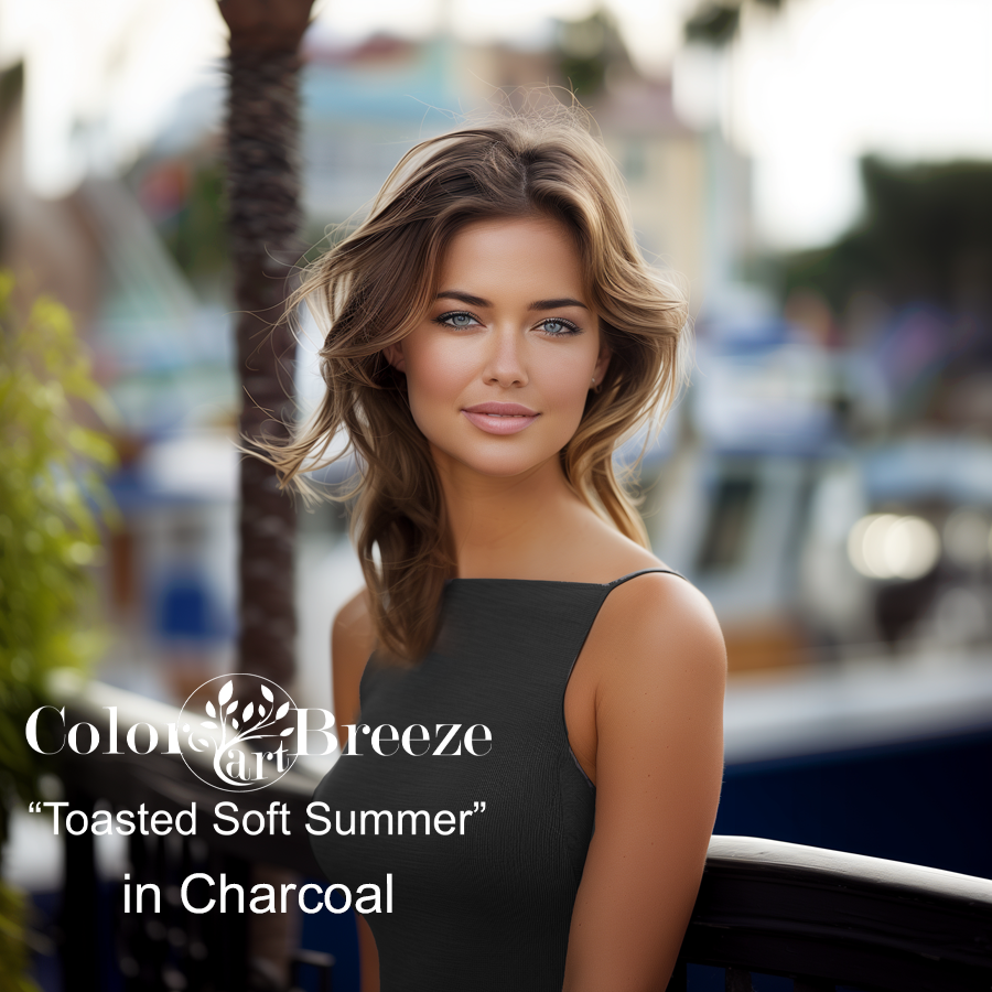 Soft Summer woman in a charcoal sheath dress.