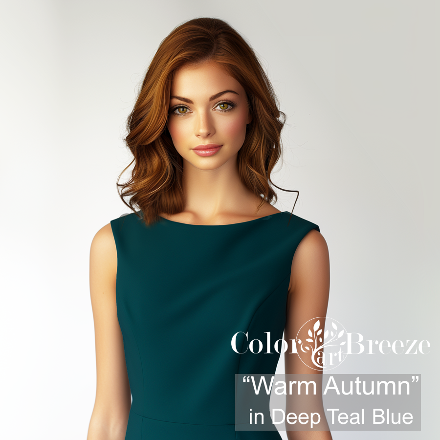Warm Autumn woman in a Deep Teal Blue dress.