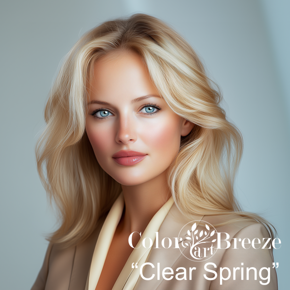 Clear Spring in a neutral sand suit over a light yellow blouse. 