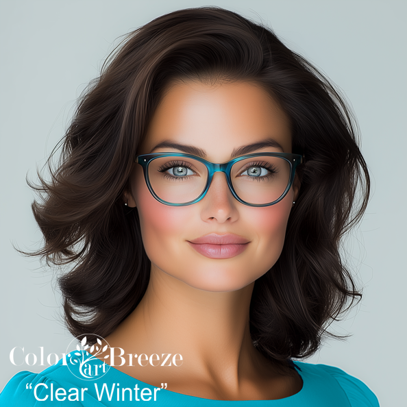 Clear Winter woman wearing a bright teal blouse and eyeglasses.