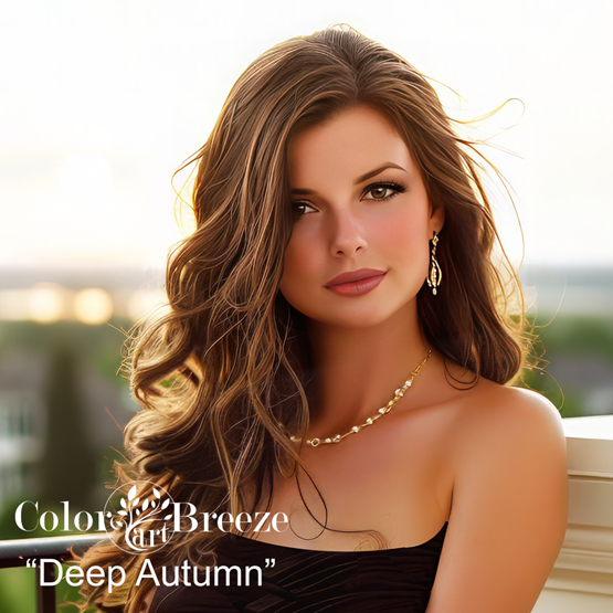 Young woman in brown dress is a Deep Autumn season.