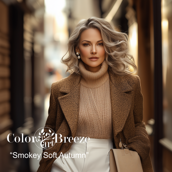 Smokey Soft Autumn woman walking down the street. 