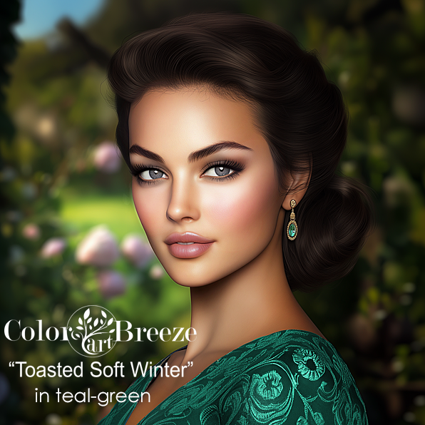 Toasted Soft Winter wearing teal green.