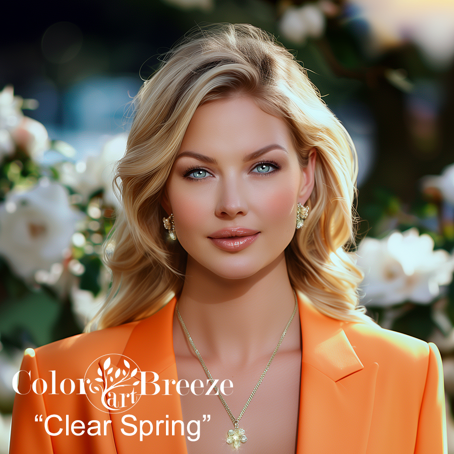 Clear Spring woman in light orange blazer. 