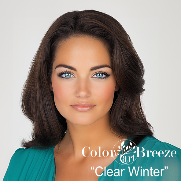 Clear Winter wearing bright teal blouse. 