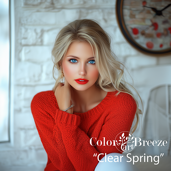 Blonde Clear Spring in a bright orange sweater.