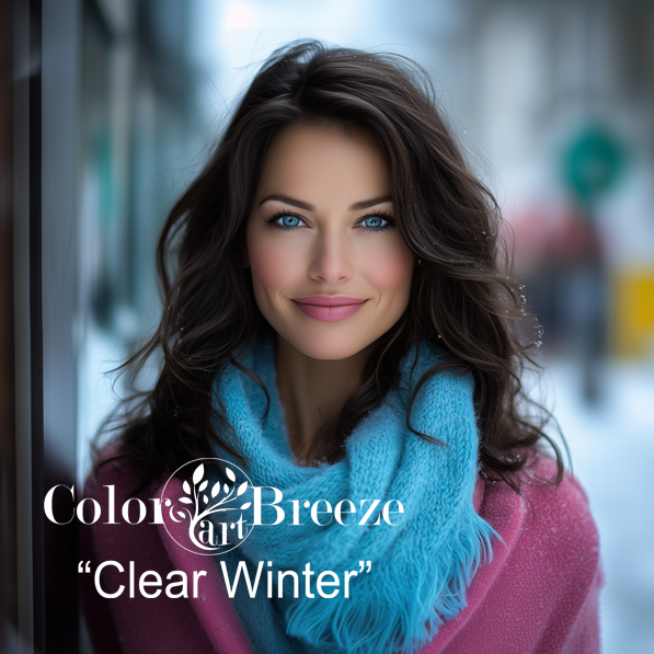 Clear winter in pink coat and blue scarf.