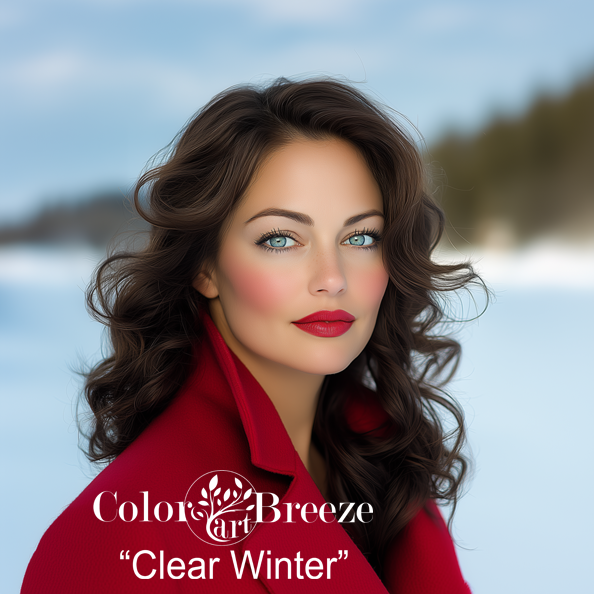 Clear Winter woman in a pure red coat outside on a winter day.