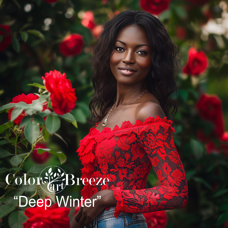 A Deep Winter woman of color in a red rose garden. 