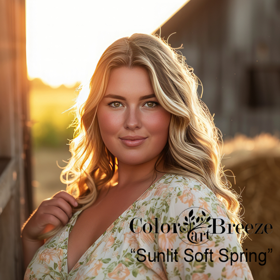 Plus-sized Sunlit Soft Spring on a farm at sunset.