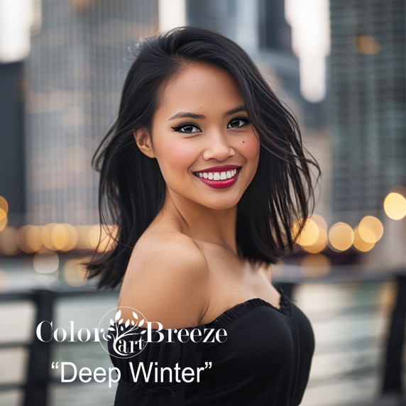 Deep Winter Filipino Woman in a black dress.