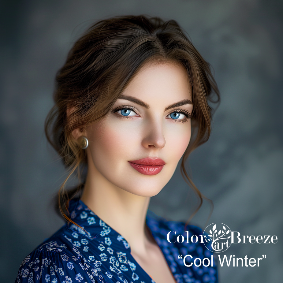 A Cool Winter woman with blue eyes and brunette hair and very cool skin. 