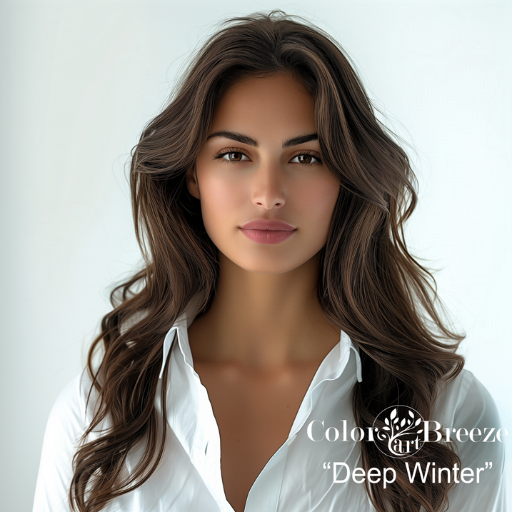 Deep Winter woman wearing a crisp white shirt.