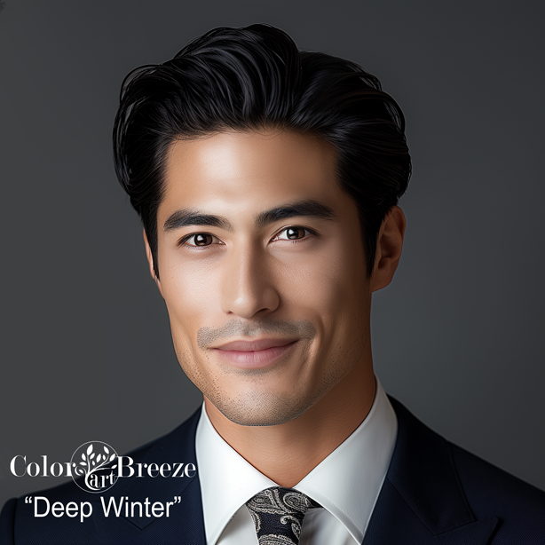Asian Deep Winter business man in black suit and white shirt.