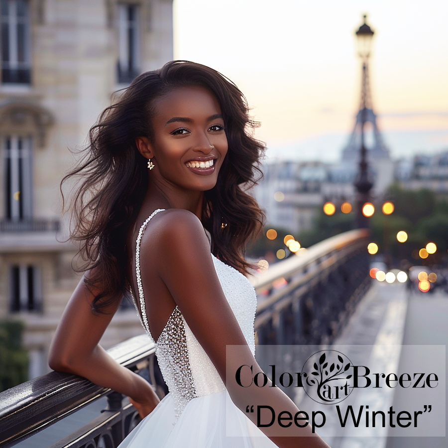 Young black woman in white dress represents the Deep Winter season. 