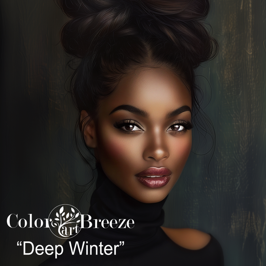 Black woman as a Deep Winter in a black dress and red lipstick.