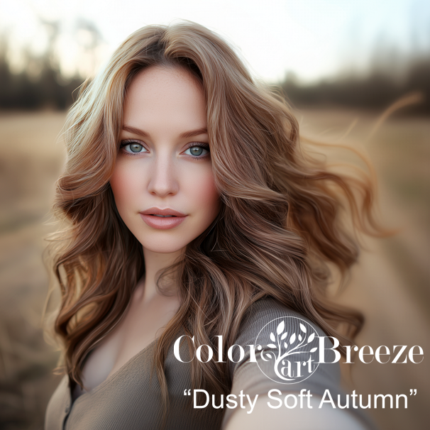 A Dusty Soft Autumn woman in neutral clothes taking a selfie. 