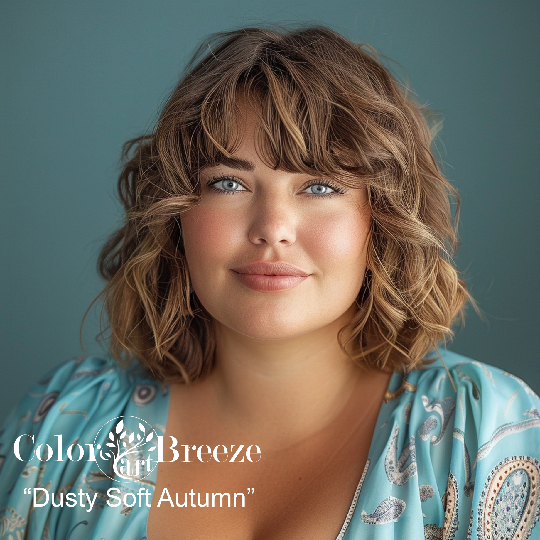 Plus sized Dusty Soft Autumn wearing light blue floral blouse.