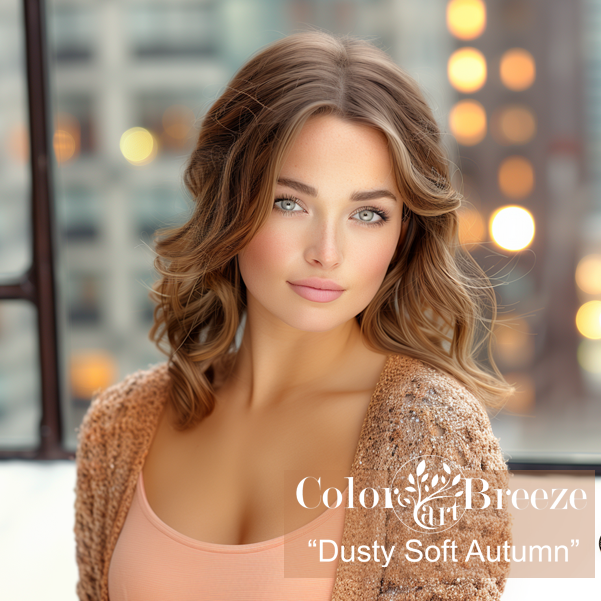 Dusty Soft Autumn women with light grey-green eyes in Chicago building. 