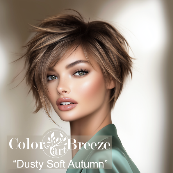 Professional model who is a Dust Soft Autumn wearing soft sage blouse. 