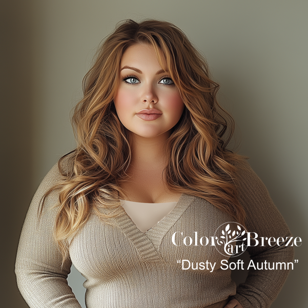 Plus-sized Dusty Soft Autumn wearing oatmeal colored shirt.