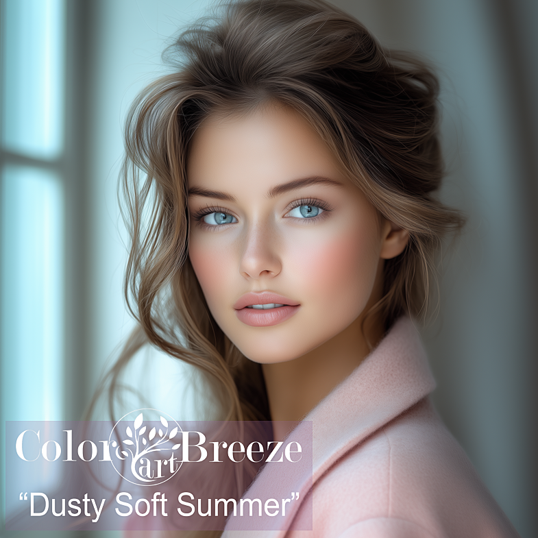 Young Dusty Soft Summer wearing a light pink wool coat. 