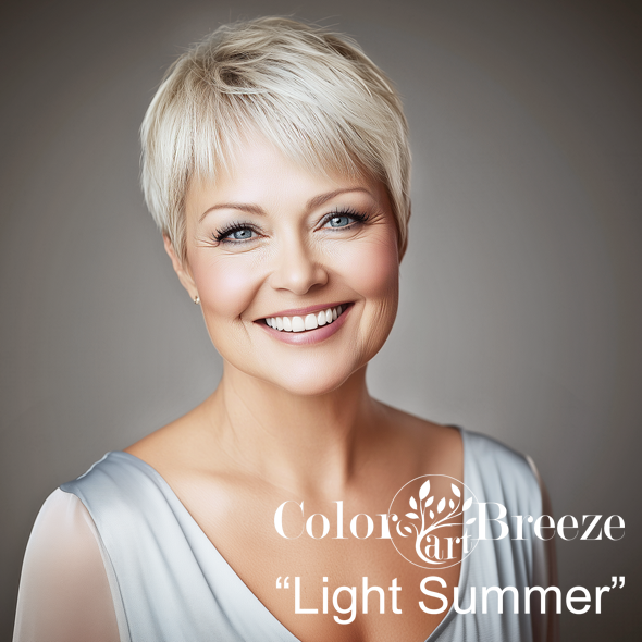 Mature Light Summer in light blue-grey blouse.