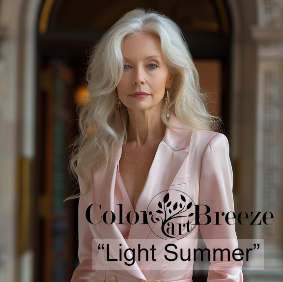 Mature Light Summer wearing light pink suit. 