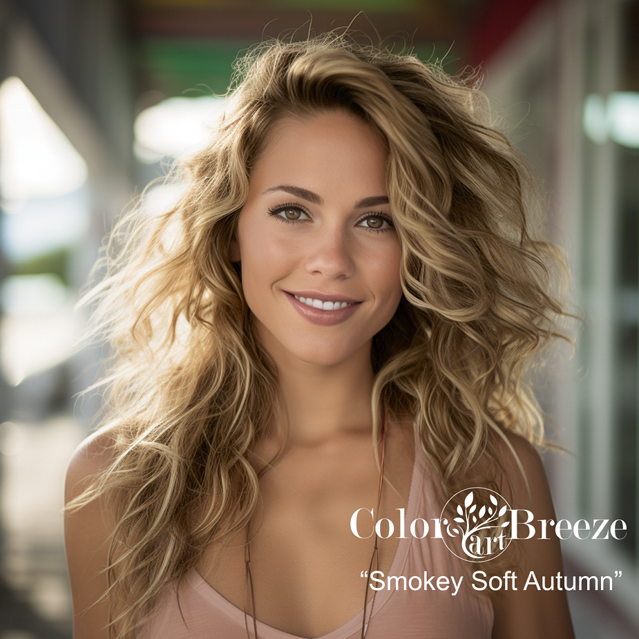 Young curly haired Smokey Soft Autumn woman. 