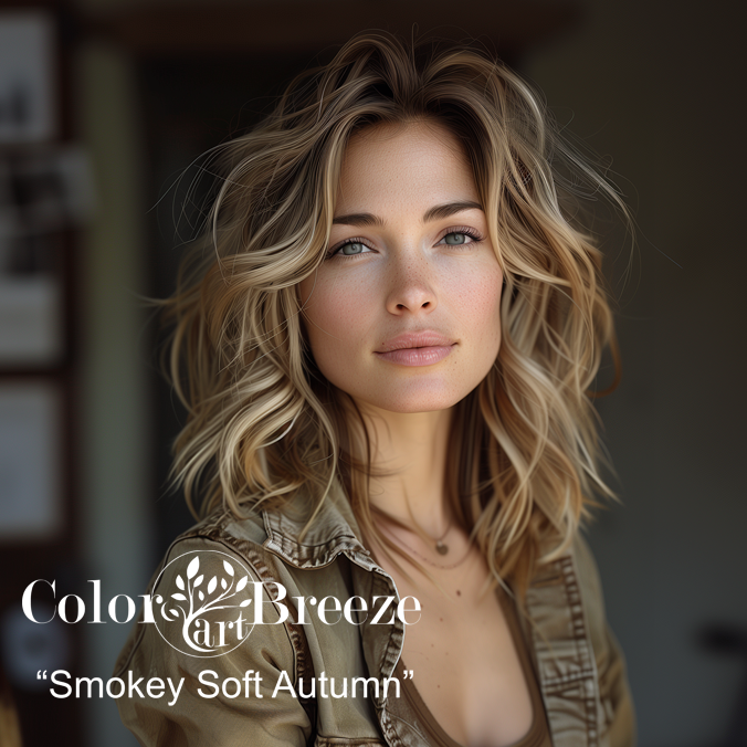 Casual Young Smokey Soft Autumn woman in khaki jacket.