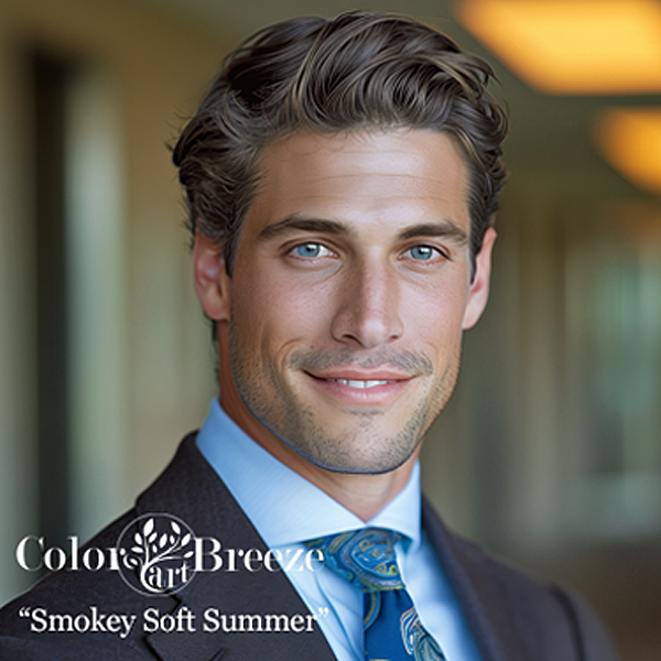 Handsome Smokey Soft Summer businessman in grey suit. 