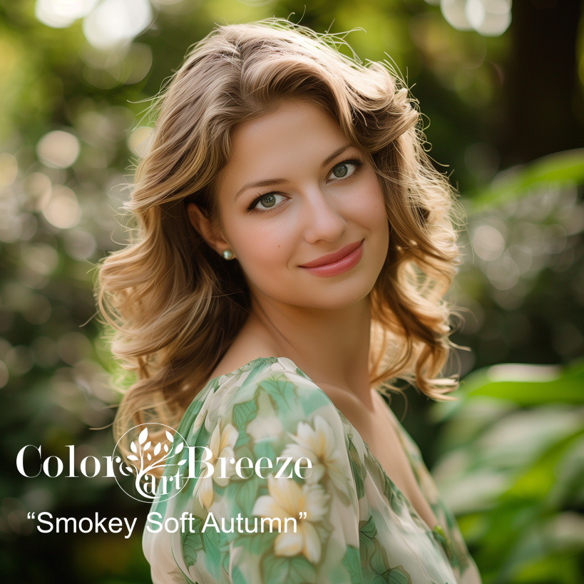 Smokey Soft Autumn woman with a floral green blouse. 