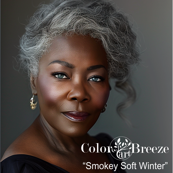 Mature Black Woman who is a Smokey Soft Winter wearing deep charcoal dress.