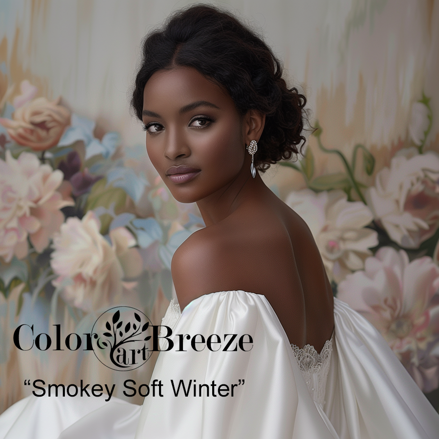 Black woman in wedding dress is a Smokey Soft Winter.
