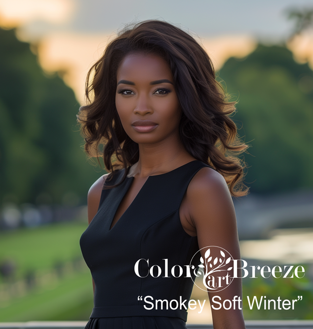 A young woman of color in Navy dress represents the Smokey Soft Winter. 