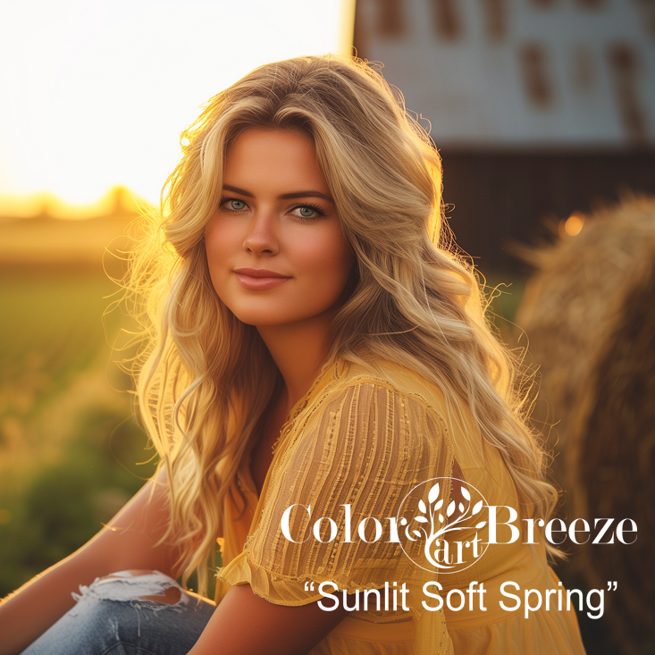 Sunlit Soft Spring woman on a farm at sunset.