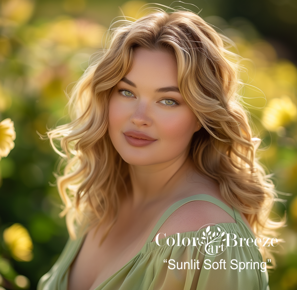 Plus sized woman in pale green dress in a sunny garden.