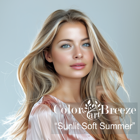 Sunlit Soft Summer wearing a blush pink blouse.