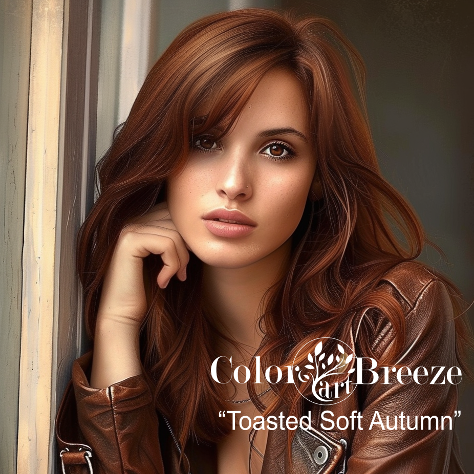 Toastes Soft Autumn woman in brown leather jacket. 