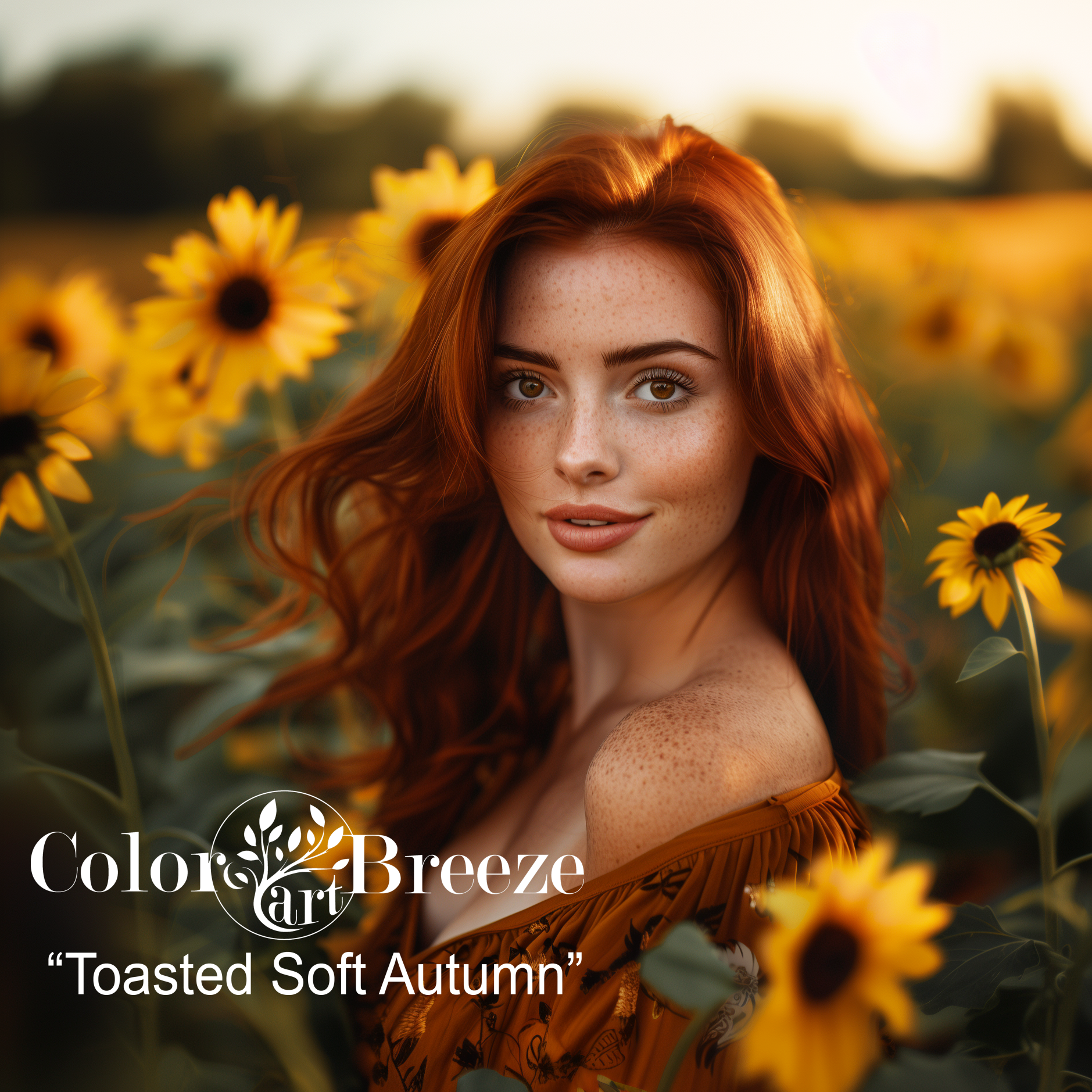 A young Toasted Soft Autumn woman in a field of Sunflowers at sunset.