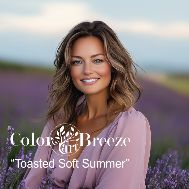 Soft Summer in lavender fields wearing lavender-mauve blouse. 