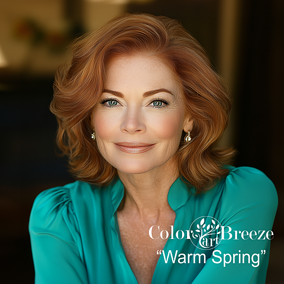 Mature Warm Spring wearing Teal blouse. 